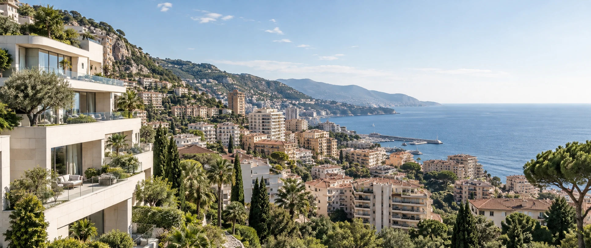Residential buildings with terraces overlooking a coastal town and the sea