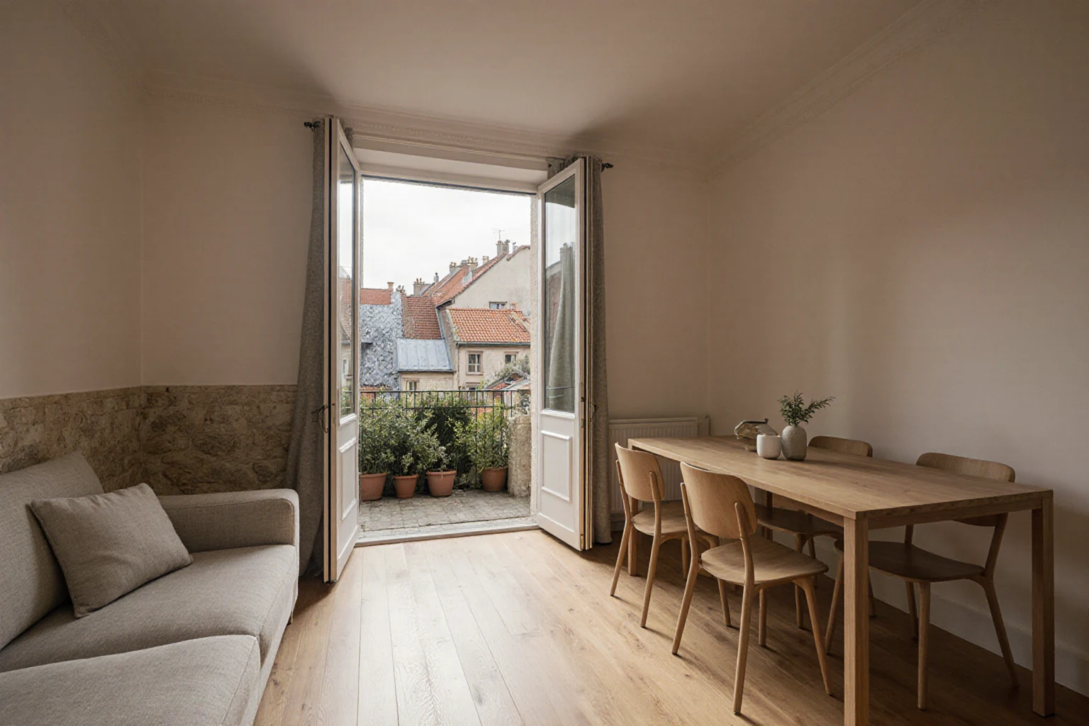 Bright living area in a city apartment with a terrace overlooking European townhouses