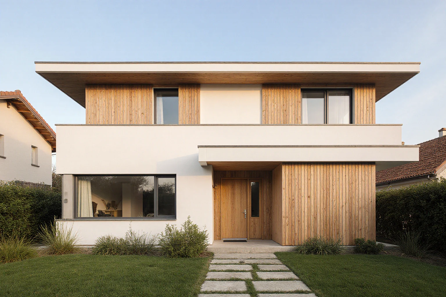 Private house with timber facade details and a garden in daylight